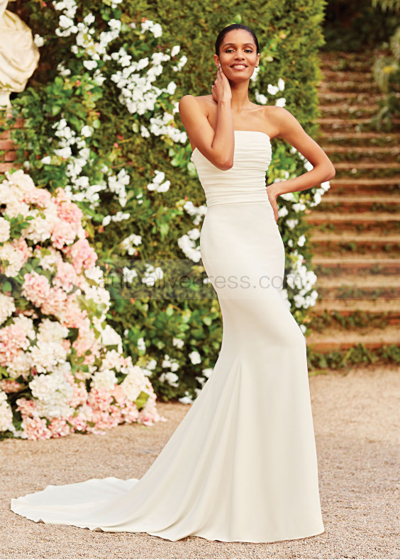 Strapless Ivory Ruched Crepe Open Back Wedding Dress